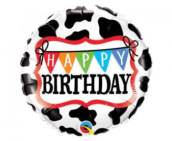 Balon foliowy 18" QL CIR "Happy Birthday - Holstein Cow Pattern"