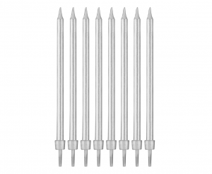Świeczki urodzinowe B&C z podstawkami, srebrne, 10 cm, 8 szt.