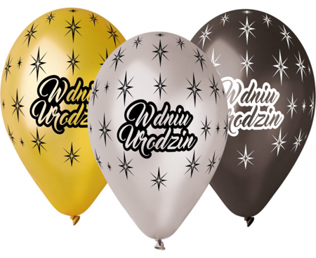 Balony Premium "W Dniu Urodzin", metaliczne, 12" / 6 szt.