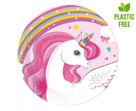 Talerzyki papierowe Unicorn Rainbow Colors, 20cm, 8 szt. (plastic-free)